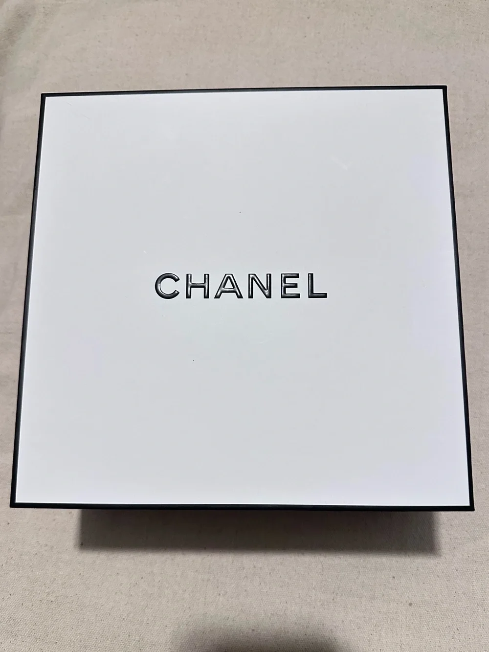 CHANEL | Box | Medium White Box with Black Logo Trim